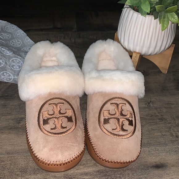 NIB TORY BURCH COLEY SLIPPER SHEARING LINED NATURAL SUEDE & LEATHER - Picture 2 of 10
